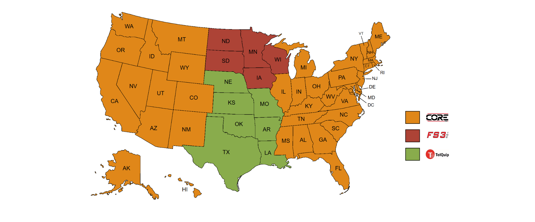 Current US map showing colored regions in red, orange, and green - signifying where each differing distributor is